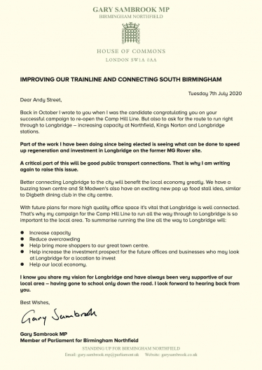 Copy of Gary's letter re improving trainlines locally